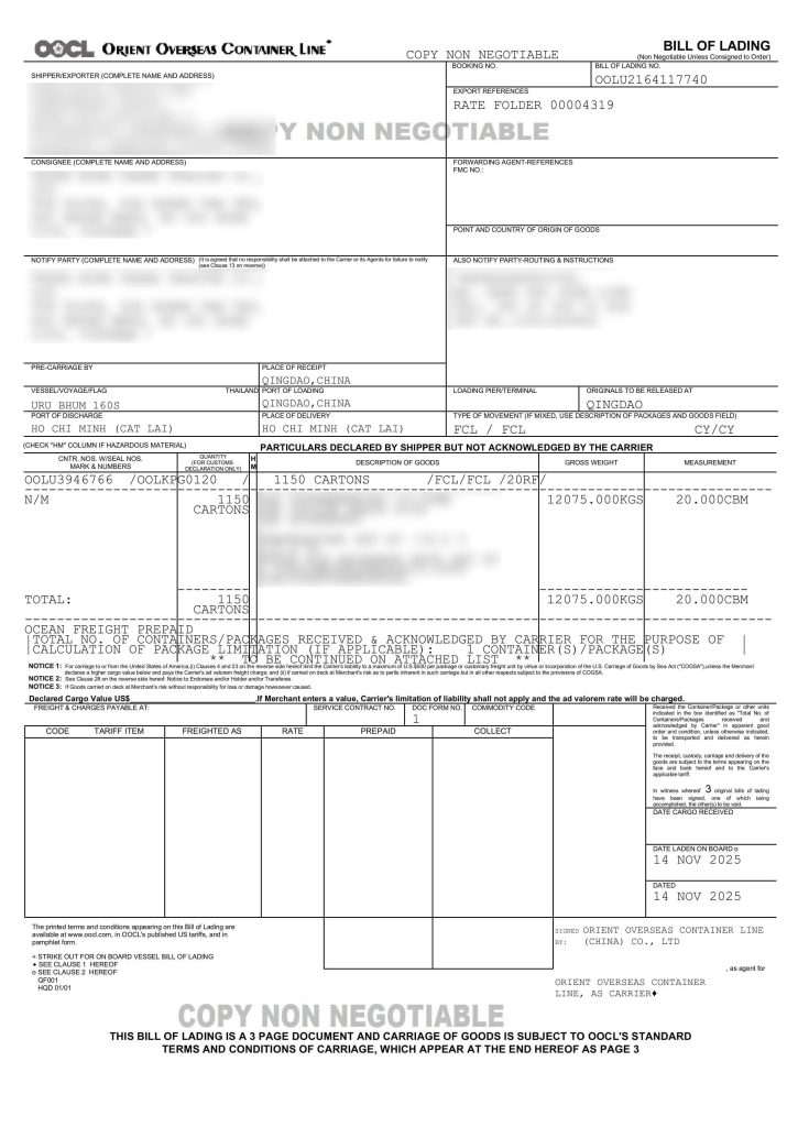 Mẫu Bill Of Lading trong vận tải biển mà An Pha đã hoàn thành cho khách hàng