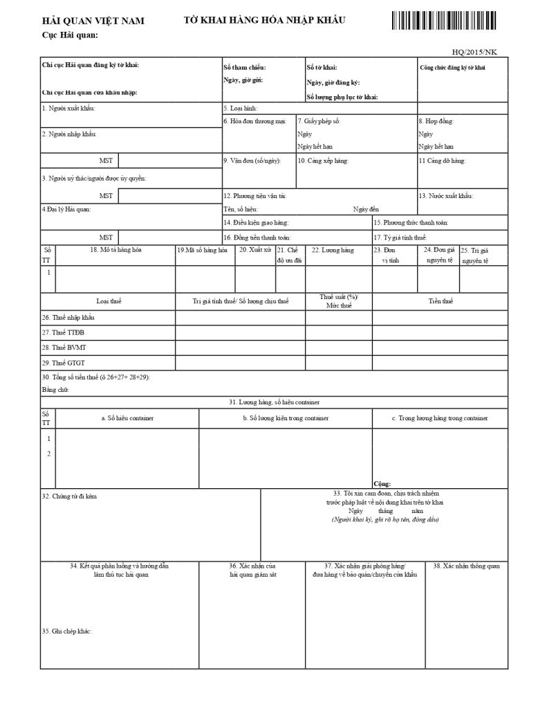 Tờ khai hải quan nhập khẩu Mẫu HQ/2015/NK