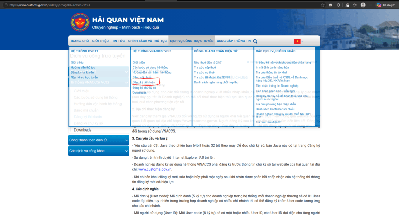 Đăng ký tài khoản trên trang Tổng cục hải quan